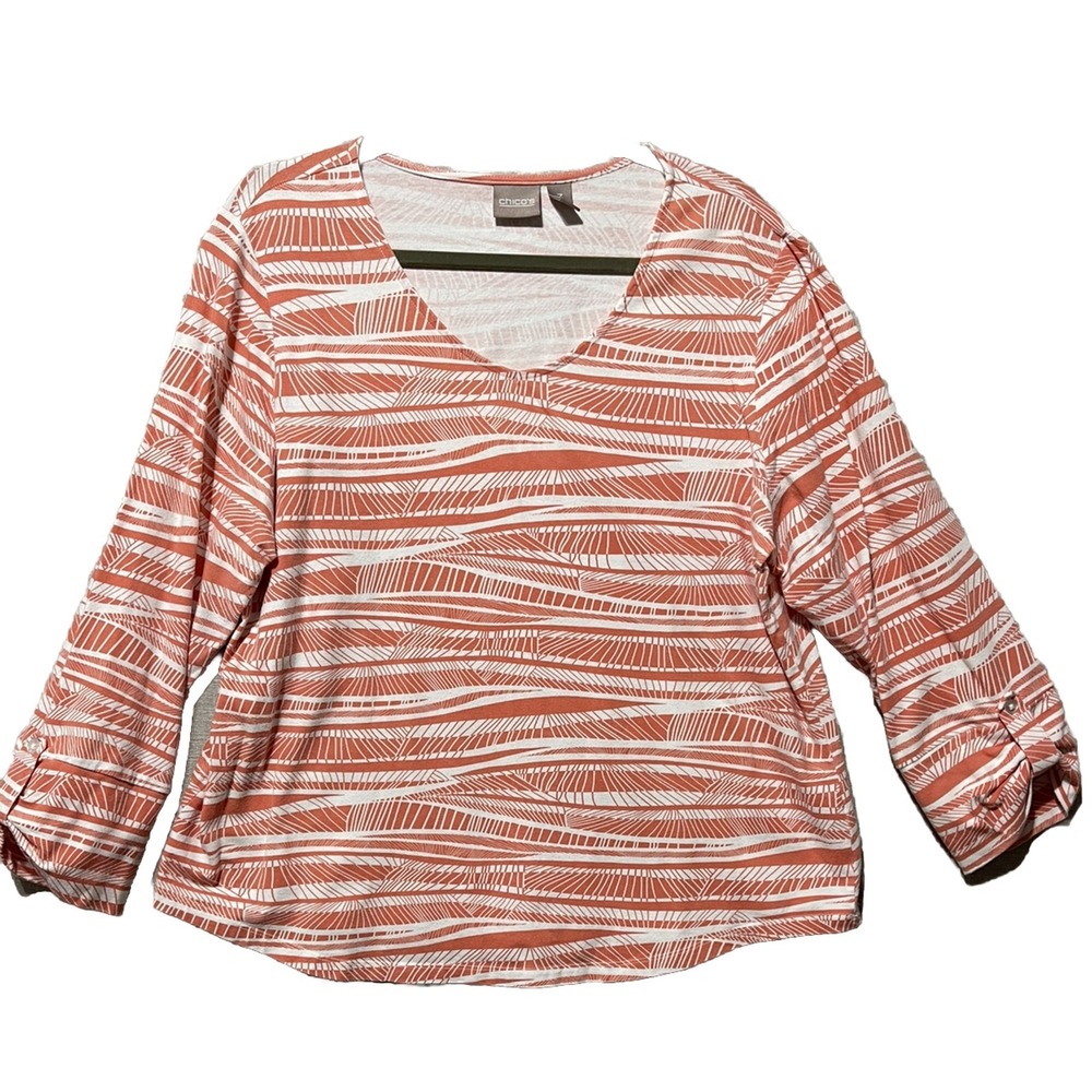 Chicos Top Women's 2 Large Orange White  3/4 Sleeves Boho Chic Collegiate Mom‎